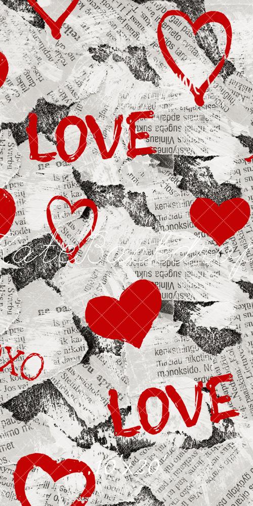 Kate Valentine's Day Red Hearts Graffiti Newspaper Collage Printed Backdrop Designed by Emetselch
