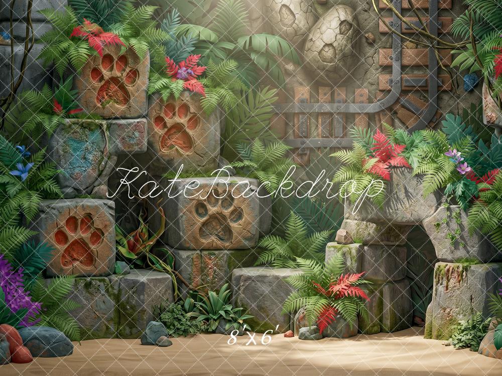 Kate Adventure Jungle Ruins Paw Print Stones Ferns Printed Backdrop Designed by Angela Miller