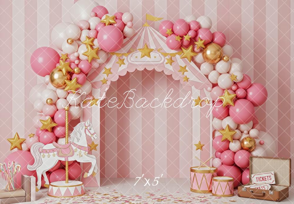 Kate Cake Smash Circus Carousel Balloon Arch Pink Striped Backdrop Designed by Patty Roberts