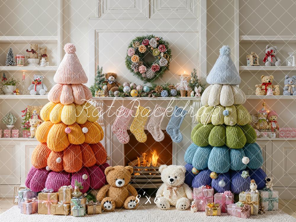 Kate Christmas Knitted Rainbow Trees Fireplace Teddy Bears Backdrop Designed by Emetselch