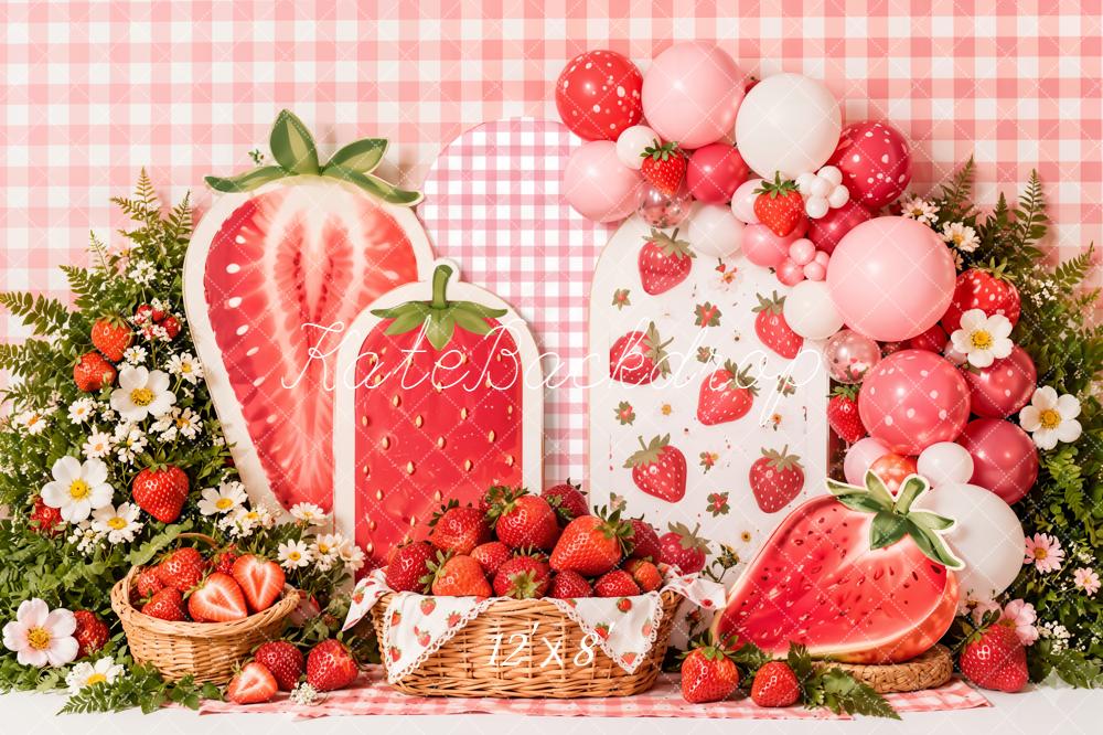 Kate Summer Strawberry Picnic Baskets Pink Checkered Balloons Printed Backdrop Designed by Emetselch