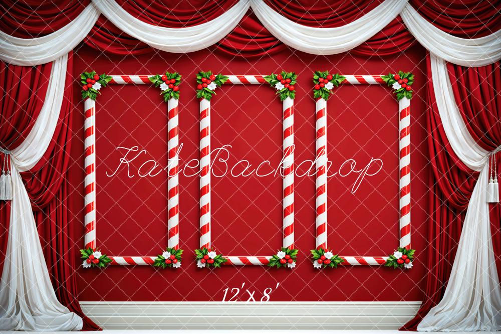 Kate Christmas Red Candy Cane Frame Curtain Printed Backdrop Designed by Mini MakeBelieve