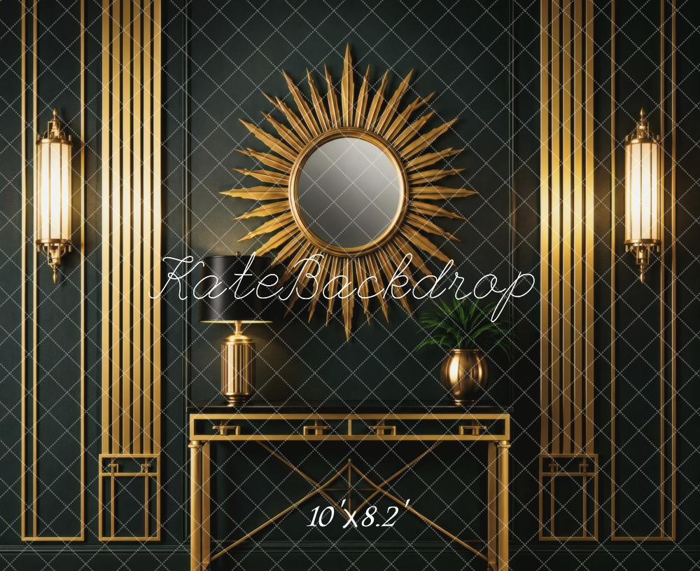 Kate 20's Retro Art Deco Gold Sunburst Mirror Console Table Printed Backdrop Designed by Vertigo Productions