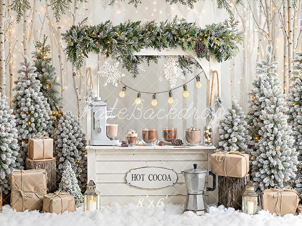Kate Christmas Hot Cocoa Stand Snowy Trees Gifts Rustic Backdrop Designed by Emetselch