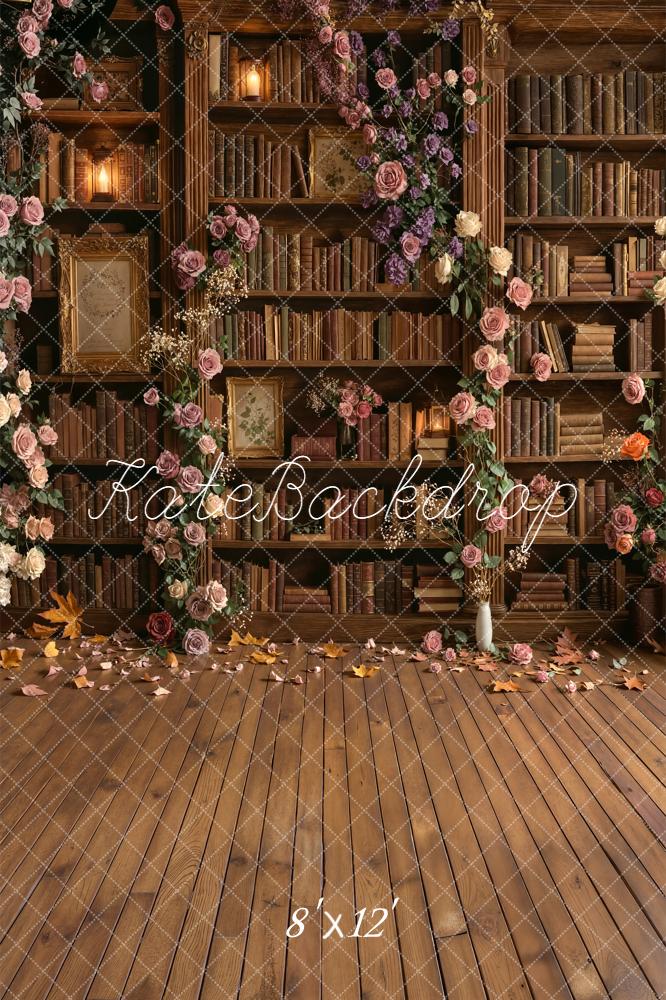 Kate School Library Bookshelf Floral Arch Wood Floor Printed Backdrop Designed by Emetselch