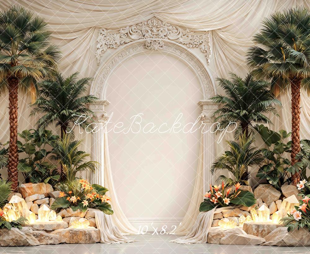 Kate Tropical Palm Trees Floral Rock Arch Printed Backdrop Designed by Mini MakeBelieve