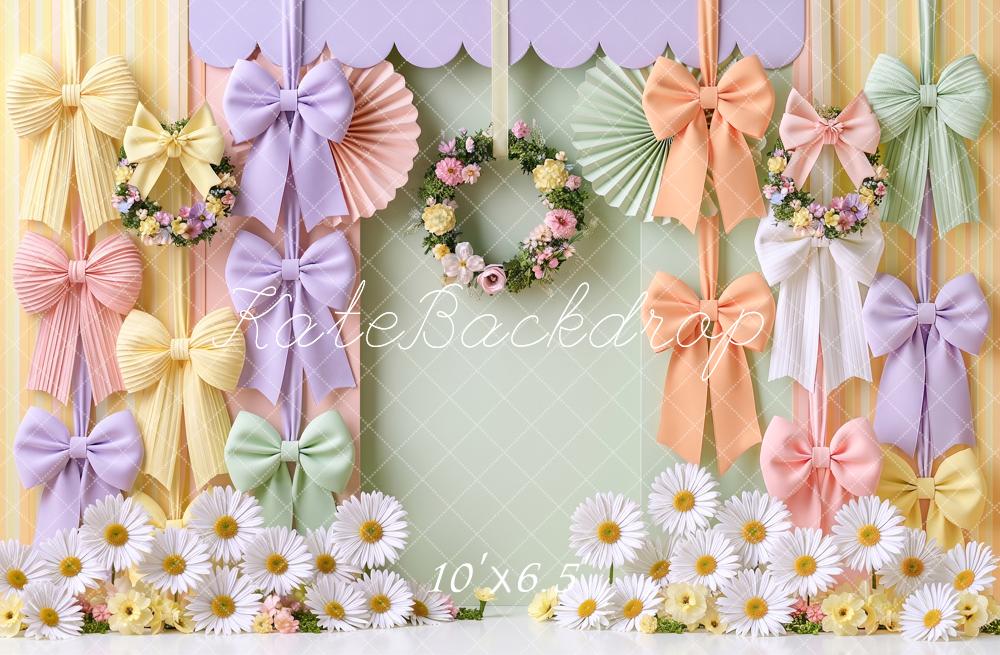 Kate Spring Pastel Bow Ribbons Floral Wreath Printed Backdrop Designed by Angela Miller