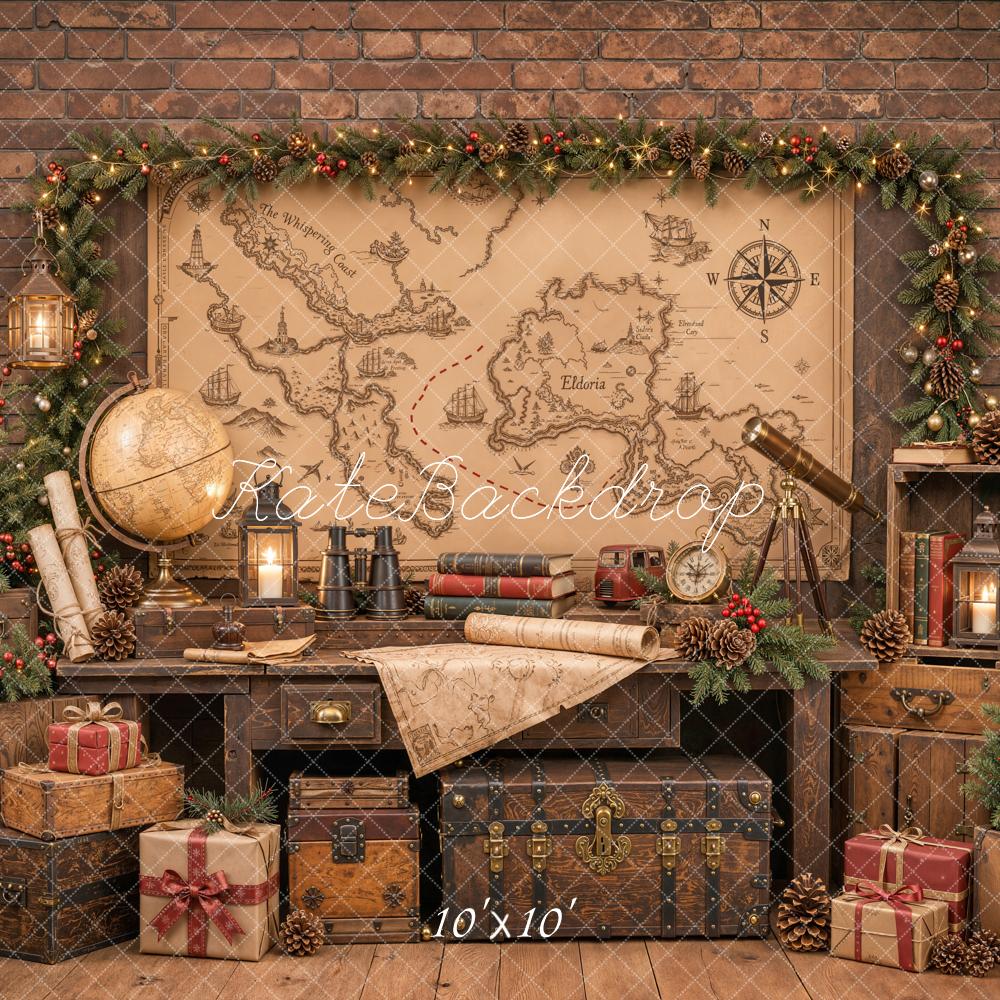 Kate Christmas Vintage Study Map Globe Garland Gifts Printed Backdrop Designed by Emetselch