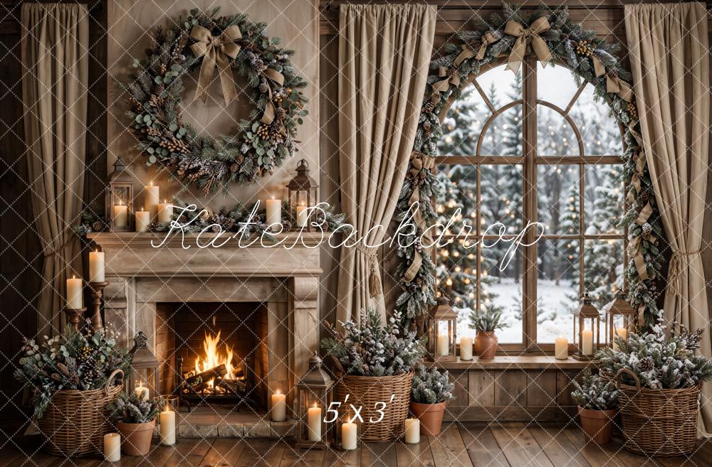 Kate Christmas Rustic Fireplace Window Wreath Printed Backdrop Designed by Emetselch