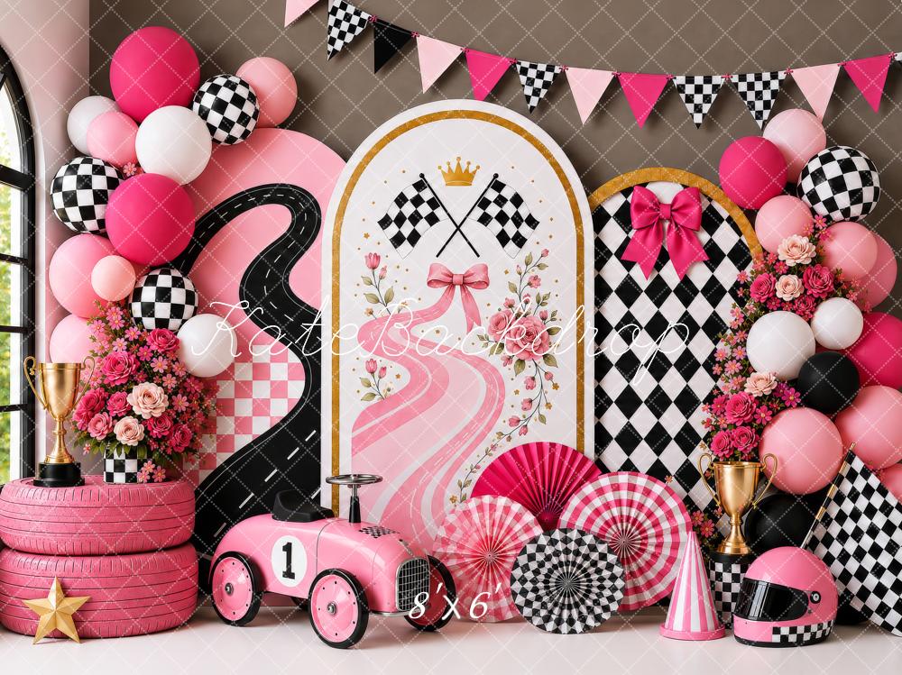 Kate Cake Smash Pink Racing Car Checkered Flag Floral Printed Backdrop Designed by Shutter Swan Studios