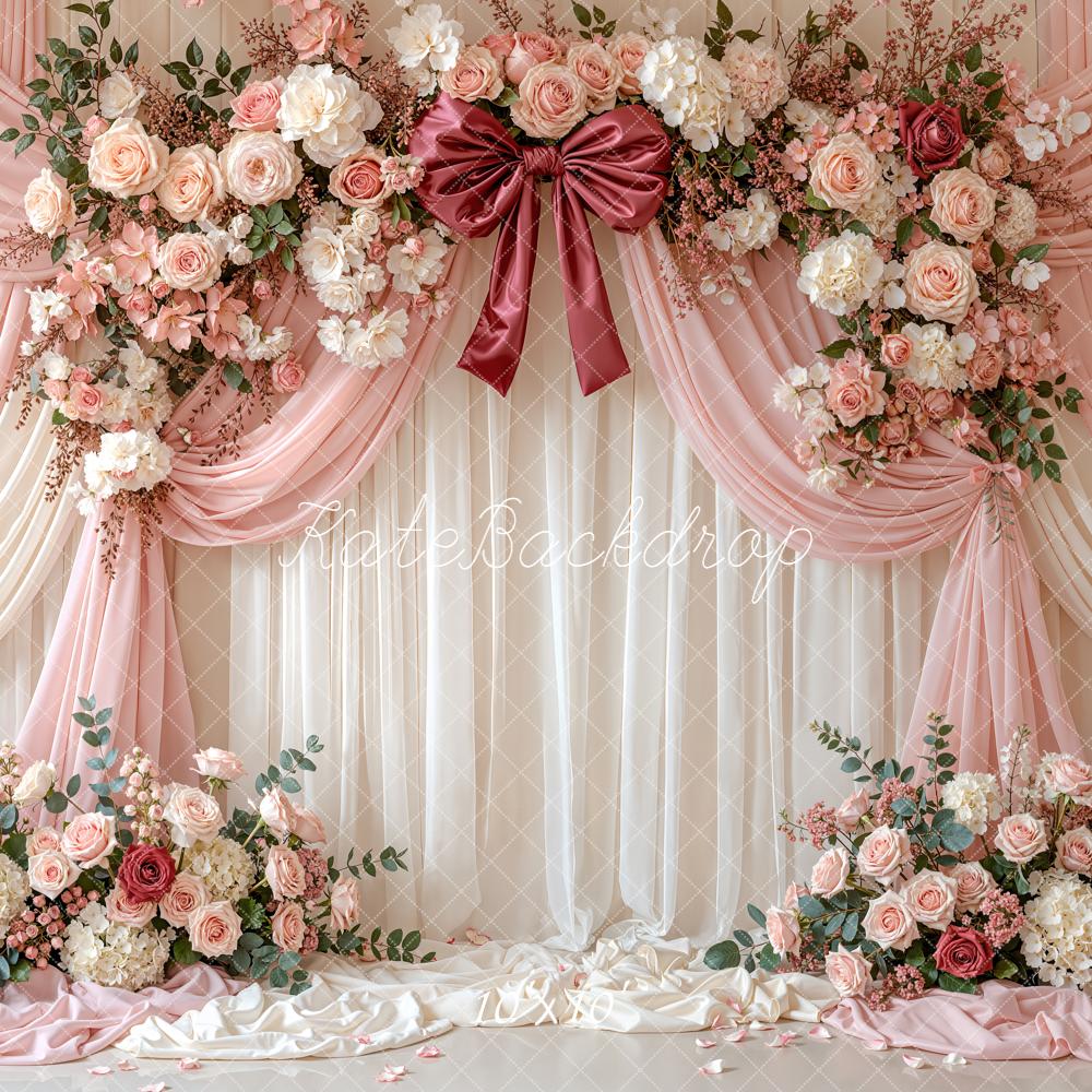 Kate Mother's Day Flower Arch Pink Drapes Roses Bow Printed Backdrop Designed by Emetselch