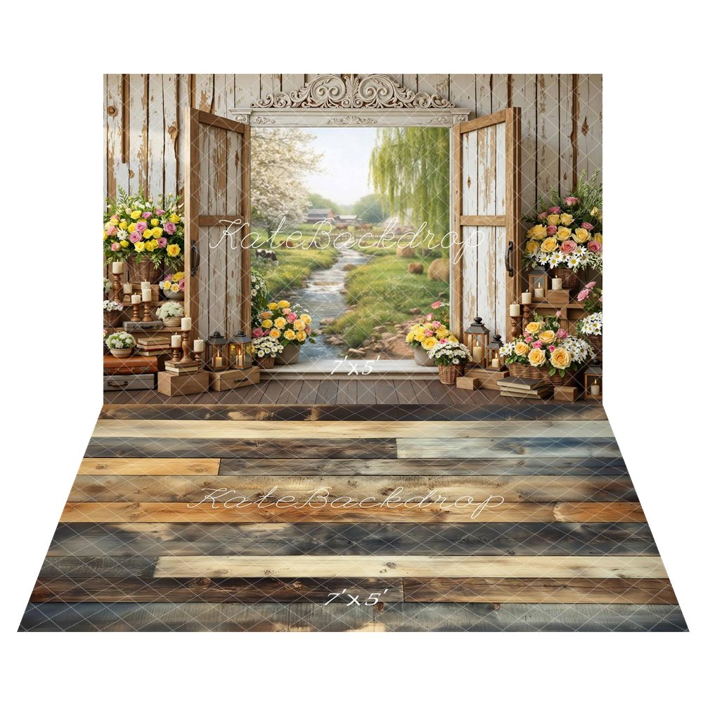 Kate Spring Rustic Door Spring Flowers River View Backdrop+Rustic Wood Plank Floor Backdrop