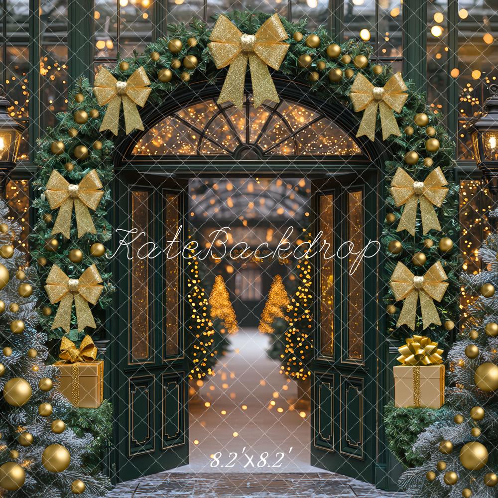 Kate Christmas Arch Door Gold Garland Trees Backdrop Designed by Mini MakeBelieve