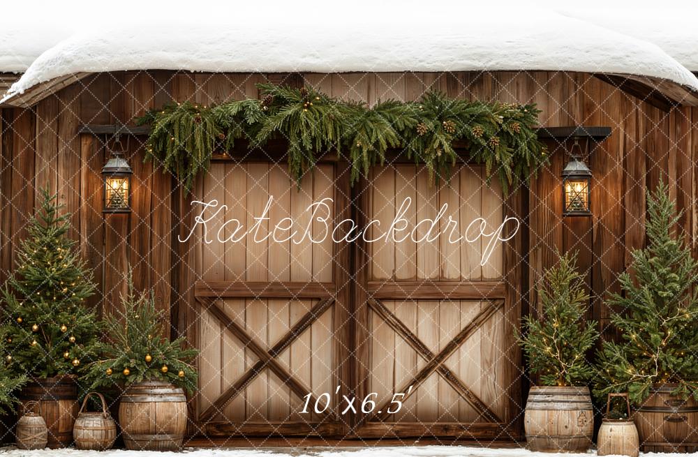 Kate Christmas Brown Barn Door Pine Trees Snow Backdrop Designed by Emetselch