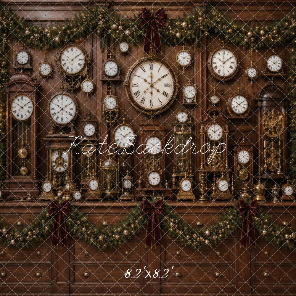 Kate Christmas Vintage Clock Wall Antique Garland Brown Printed Backdrop Designed by Vertigo Productions