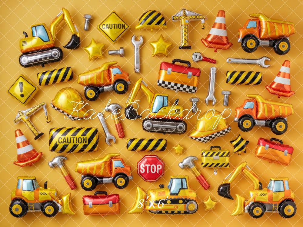 Kate Birthday Boys Construction Vehicle Balloon Wall Yellow Printed Backdrop Designed by Patty Roberts