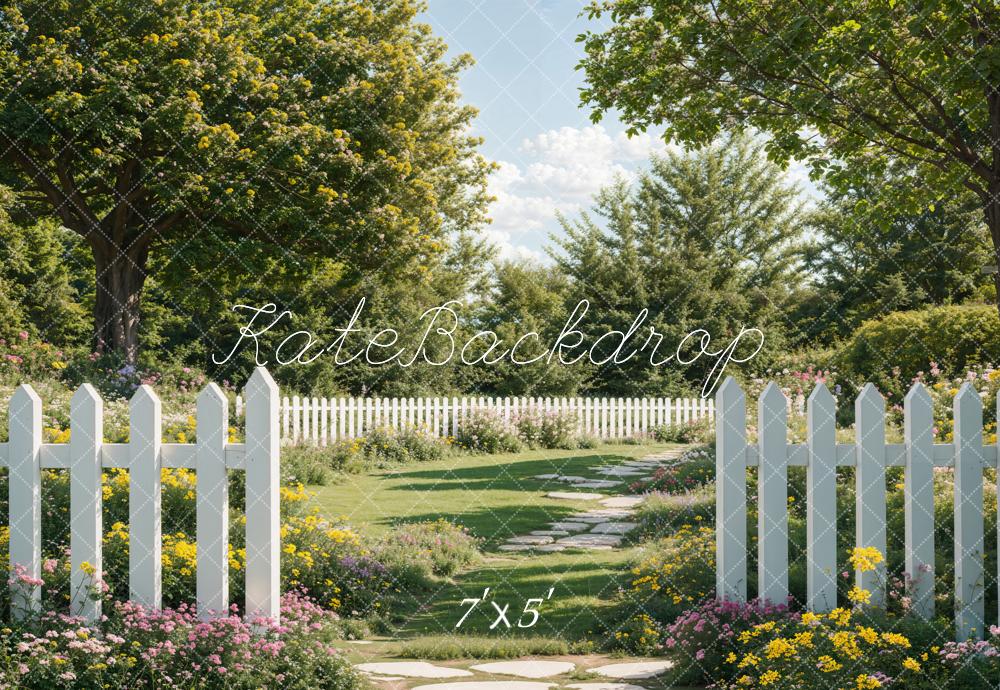 Kate Spring White Fence Path Floral Garden Backdrop Designed by Emetselch