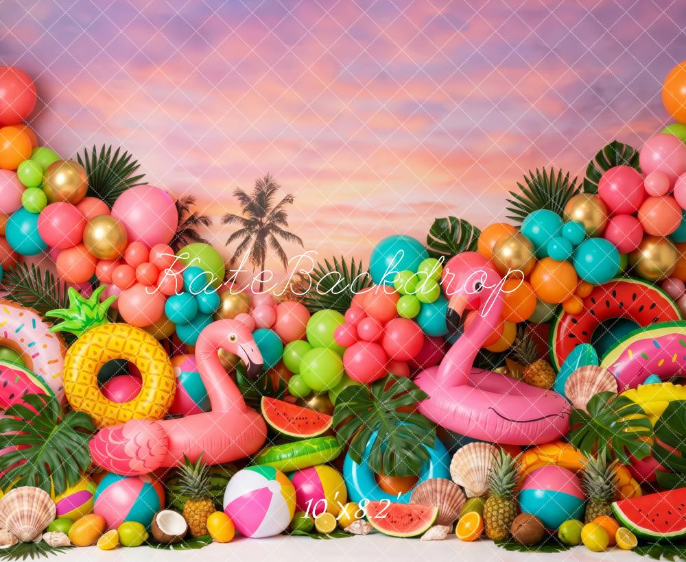 Kate Summer Vibrant Tropical Flamingo Balloons Fruit Palm Tree Sunset Printed Backdrop Designed by Patty Roberts