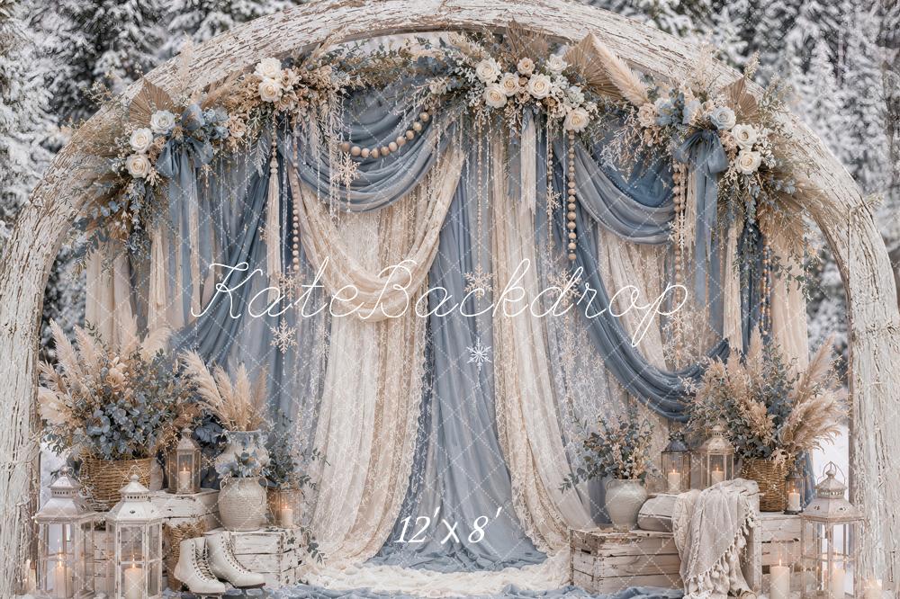 Kate Winter Christmas Flower Arch Blue Drapes Snowy Outdoor Printed Backdrop Designed by Ashley Paul