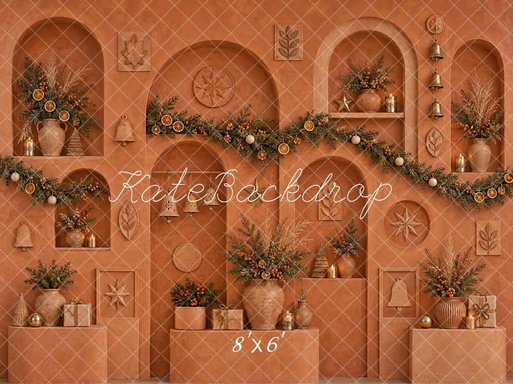 Kate Christmas Terracotta Arches Garland Botanicals Bells Printed Backdrop Designed by Vertigo Productions
