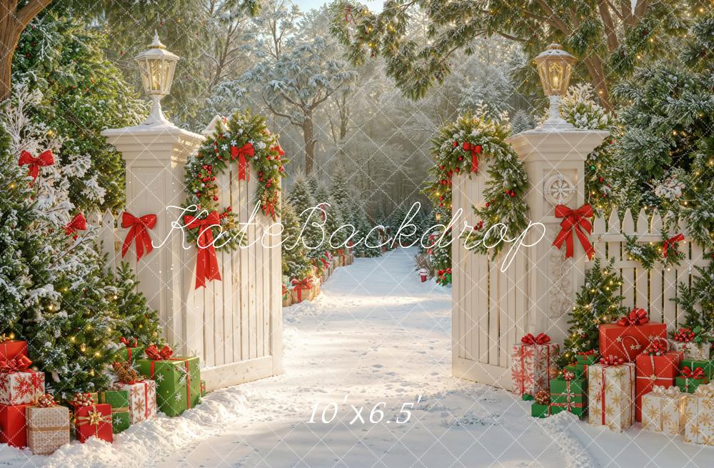 Kate Christmas Snowy Gate Garden Path Bow Backdrop Designed by Emetselch