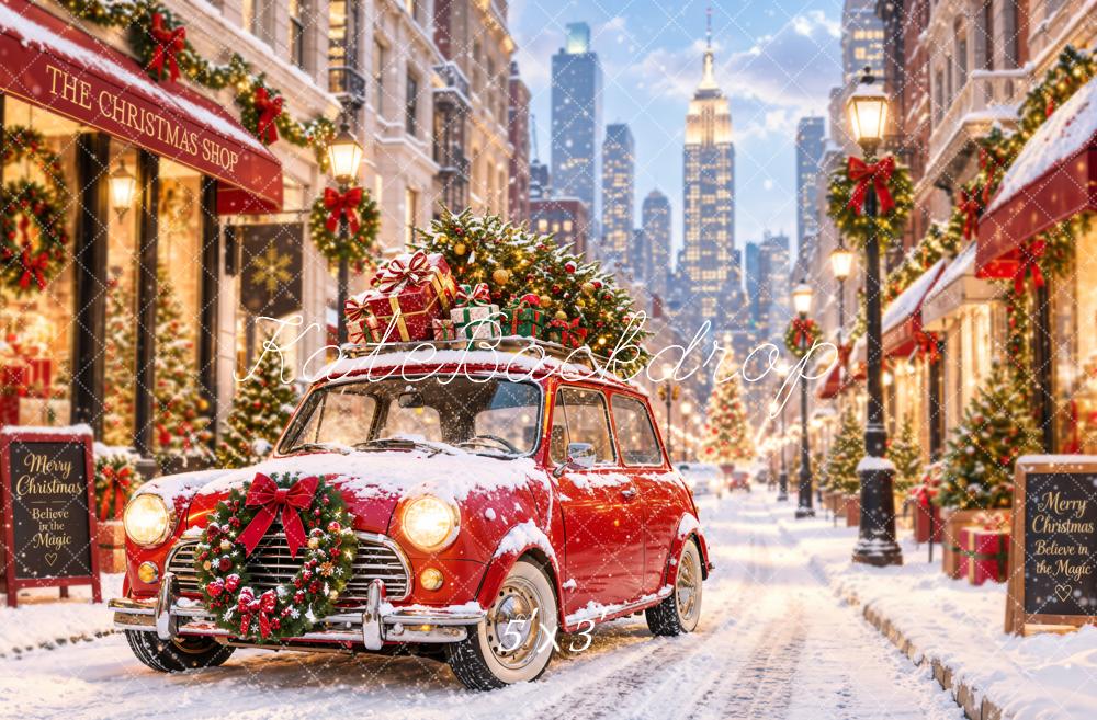Kate Christmas Snowy City Street Red Car Shop Printed Backdrop Designed by Emetselch