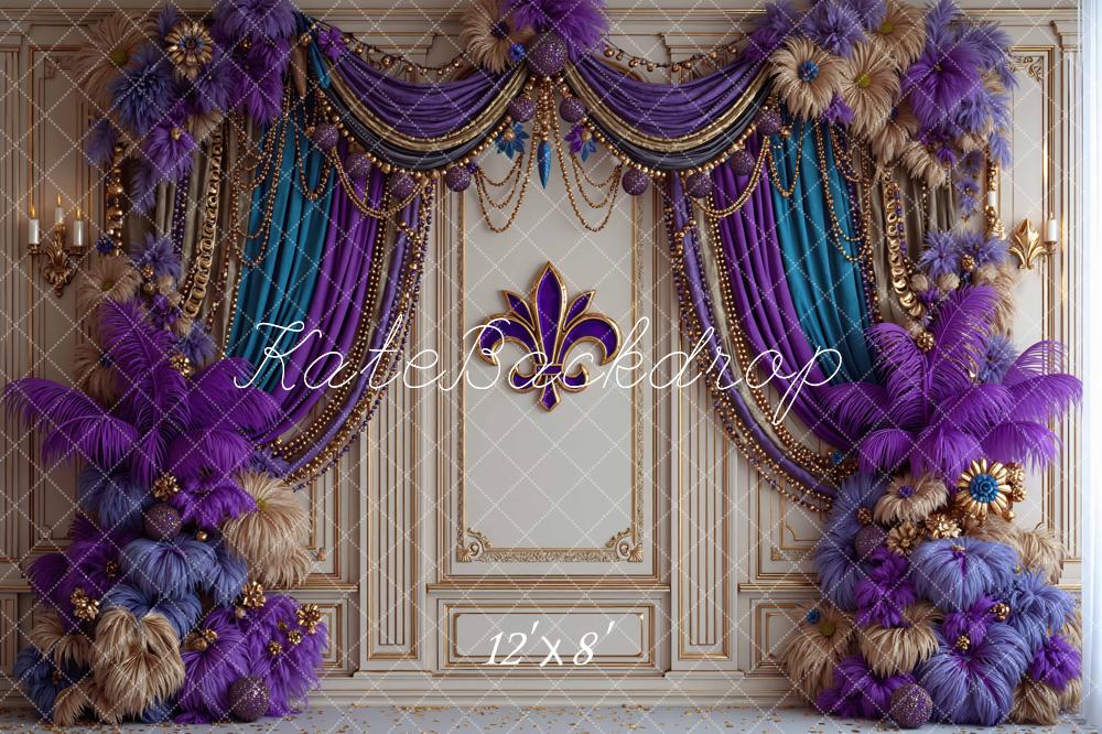 Kate Purple Gold Teal Drapes Feathers Fleur De Lis Backdrop Designed by Mini MakeBelieve