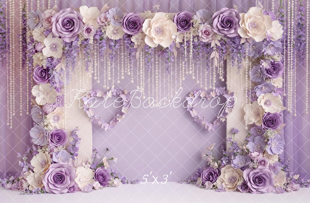 Kate Valentine's Day Purple Paper Flower Arch Pearls Printed Backdrop Designed by Angela Miller