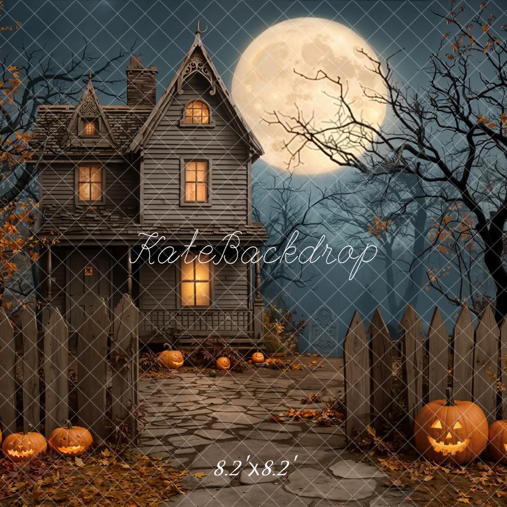 Kate Halloween Night Haunted House Full Moon Pumpkins Backdrop Designed by Emetselch