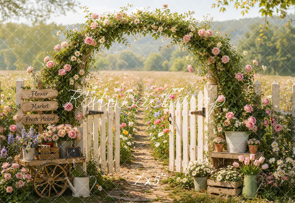 Kate Spring Pink Flower Arch Garden Fence Gate Path Field Printed Backdrop Designed by Emetselch