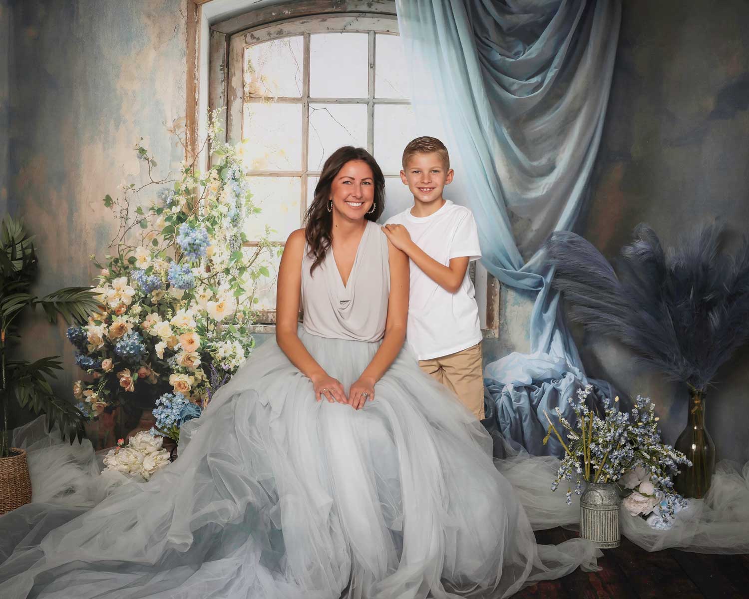 Voorjaar Blauwe Gordijnen Bloemen Vensters Kamer Foto Achtergrond Ontworpen door Emetselch