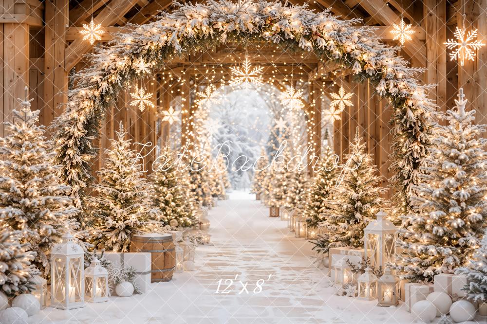 Kate Christmas Snowy Evergreen Lighted Archway Trees Printed Backdrop Designed by Emetselch