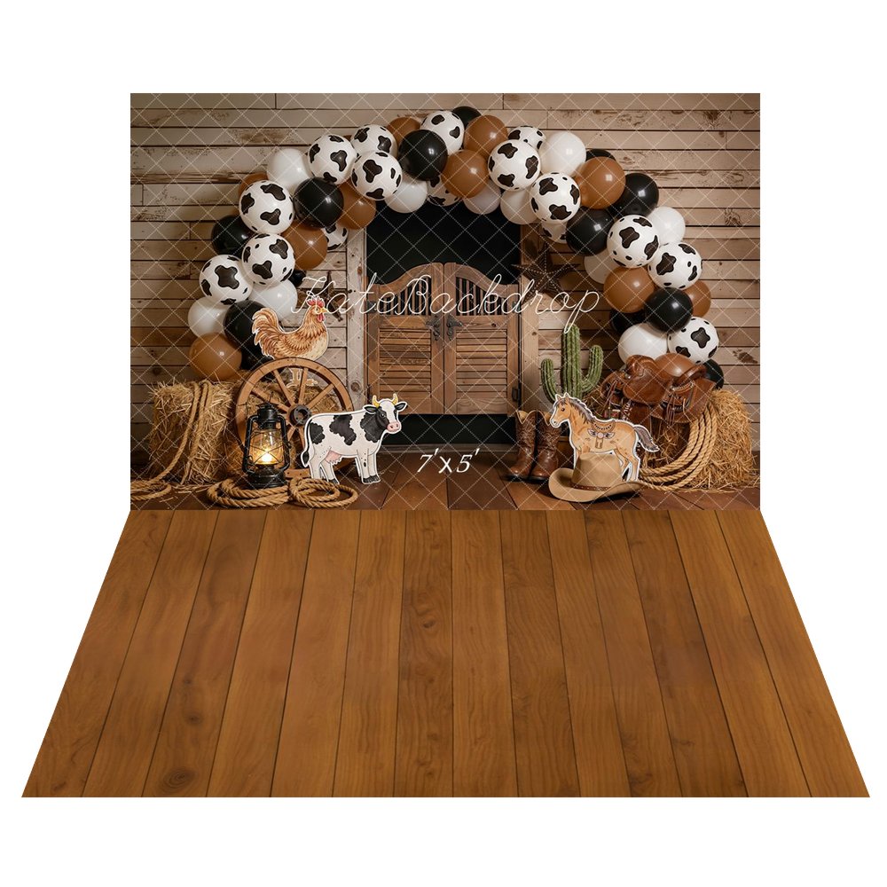 Kate Cake Smash Western Saloon Barn Cow Print Balloon Arch Farm Animals Backdrop+Brown Wooden Plank Retro Floor Backdrop