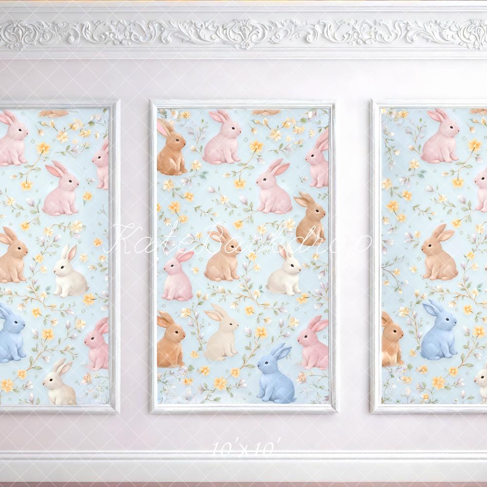 Kate Easter Bunny Floral Pastel Blue Wall Printed Backdrop Designed by Mini MakeBelieve