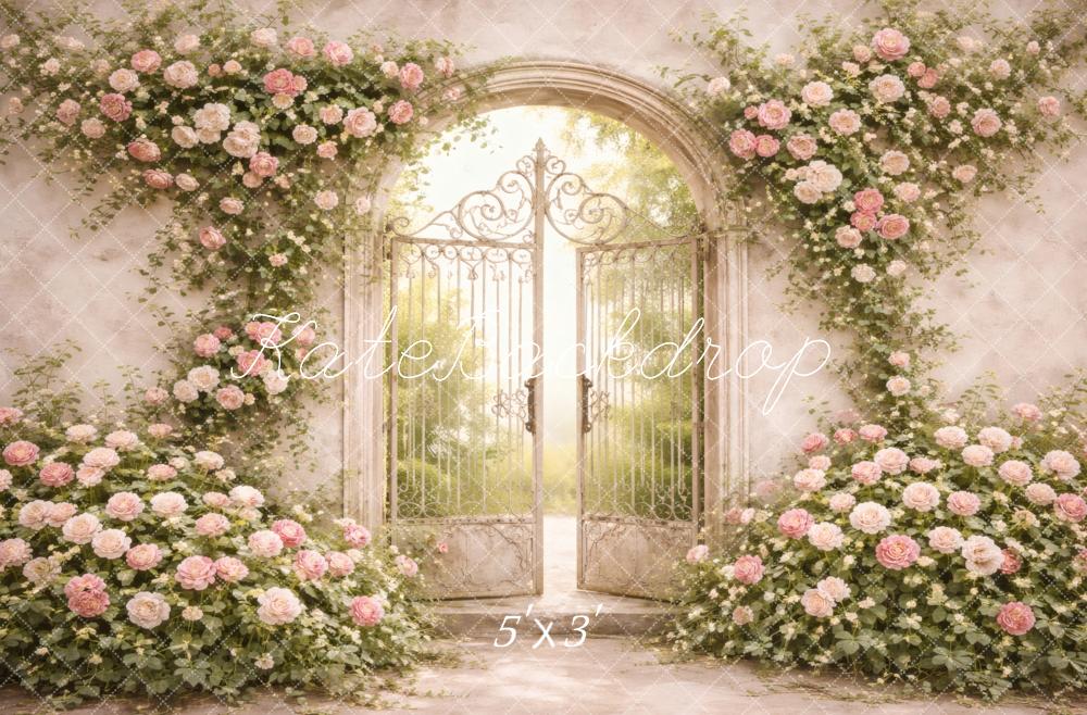 Kate Spring Flower Arch Iron Gate Pink Roses Printed Backdrop Designed by Vertigo Productions