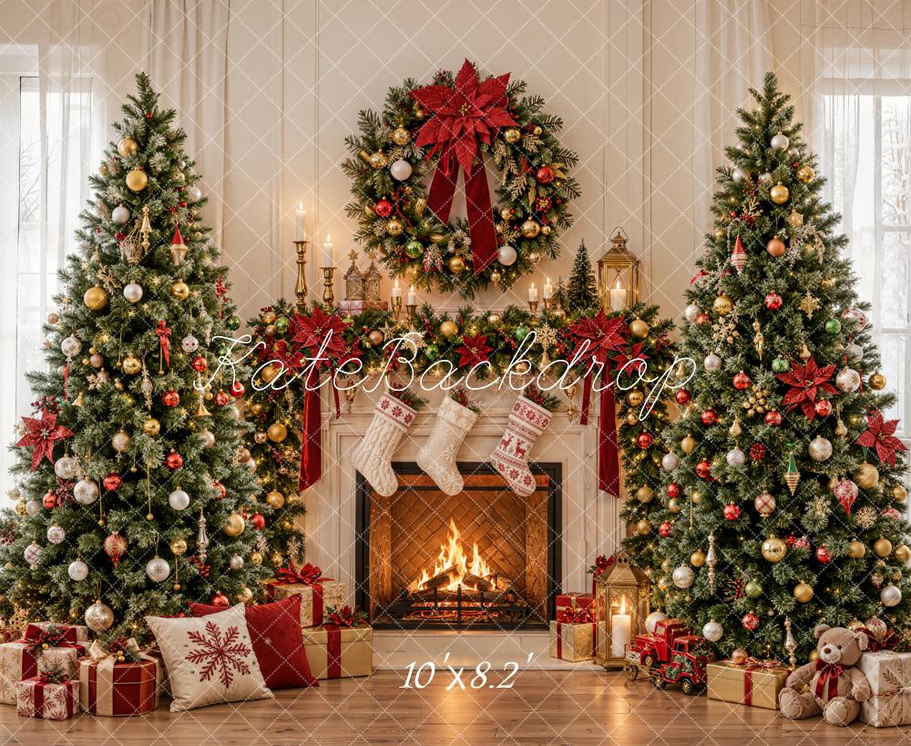 Kate Christmas Fireplace Ornaments Christmas Trees Wreath Printed Backdrop Designed by Emetselch