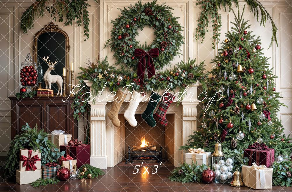 Kate Christmas Tree Fireplace Botanical Wreath Stockings Printed Backdrop Designed by Mini MakeBelieve
