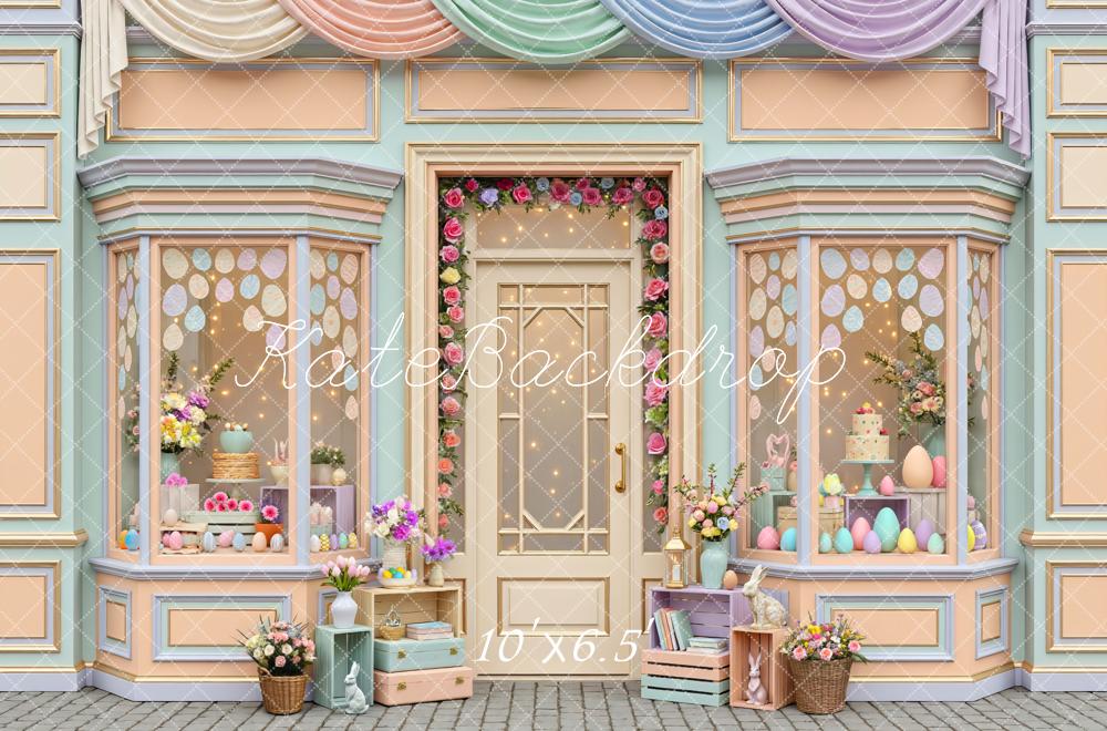 Kate Easter Bunny Pastel Storefront Flower Arch Printed Backdrop Designed by Mini MakeBelieve