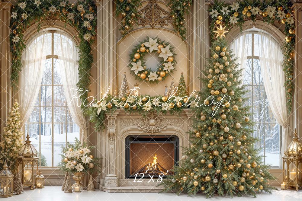 Kate Christmas Tree Fireplace Wreath Garland Arched Window Printed Backdrop Designed by Mini MakeBelieve