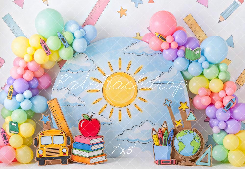 Kate Back To School Colorful Balloon Arch School Supplies Printed Backdrop Designed by Mini MakeBelieve