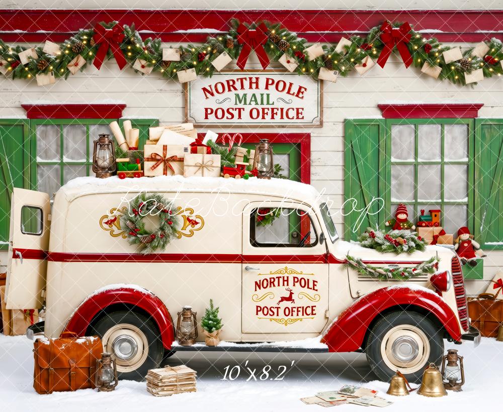 Kate Christmas North Pole Post Office White Truck Gifts Green Red Printed Backdrop Designed by Patty Roberts