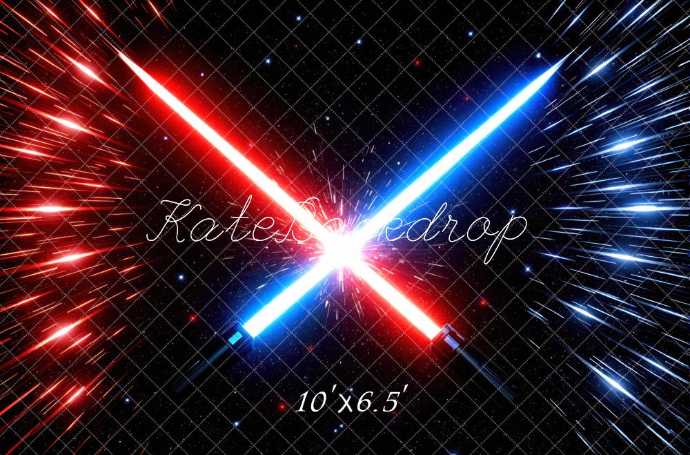 Kate Red Blue Laser Swords Space Burst Printed Backdrop Designed by Mini MakeBelieve