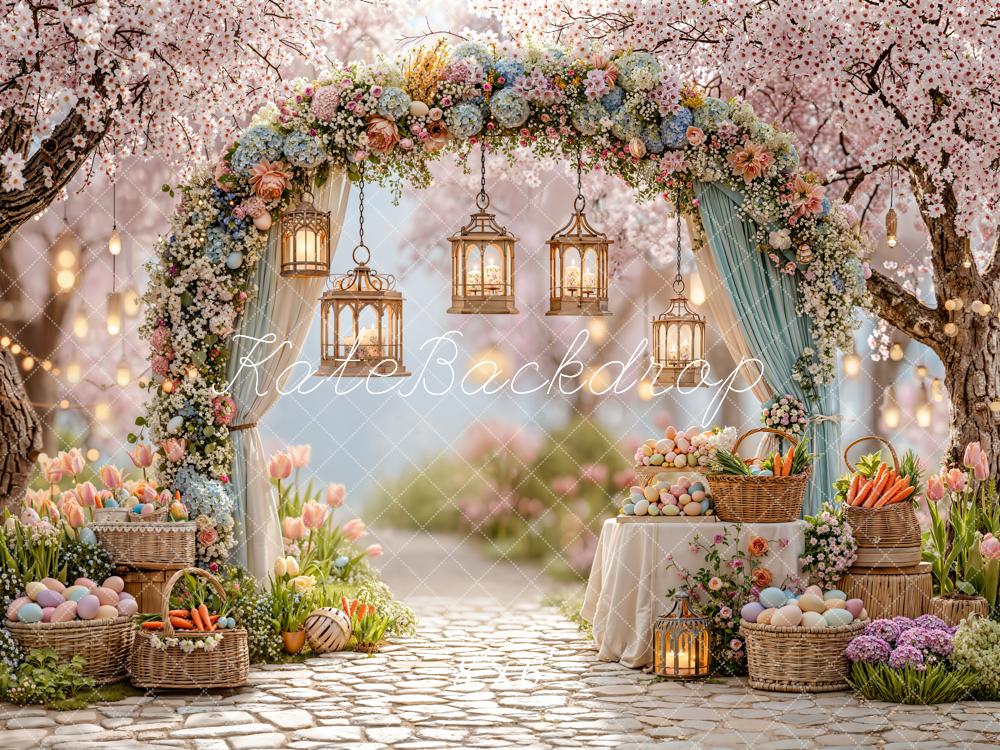 Kate Easter Spring Flower Arch Pastel Eggs Lanterns Garden Pink Backdrop Designed by Emetselch