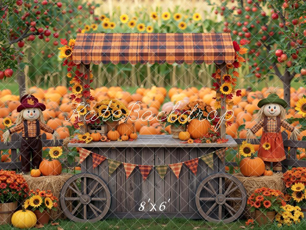 Kate Fall Pumpkin Stand Sunflower Scarecrow Field Printed Backdrop Designed by Mini MakeBelieve