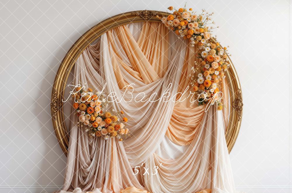 Kate Fall Flower Gold Circle Frame Peach Drapes Printed Backdrop Designed by Mini MakeBelieve