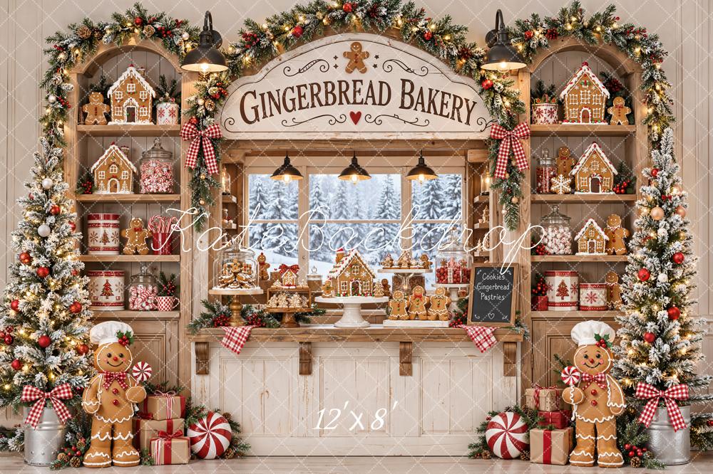 Kate Christmas Gingerbread Bakery Shop Garland Window Printed Backdrop Designed by Emetselch