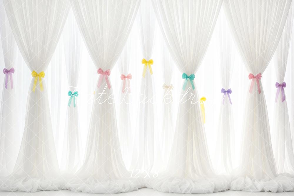 Kate White Sheer Curtains Pastel Bows Backdrop Designed by Patty Roberts