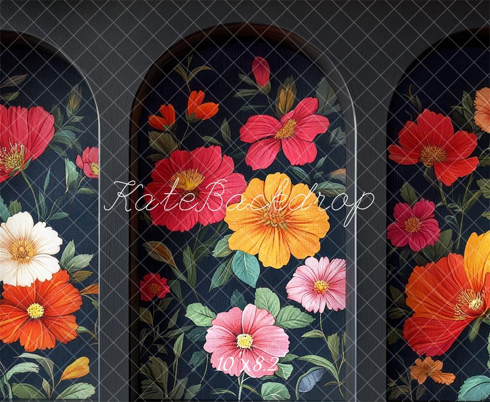 Kate Interior Black Arch Illustrated Flowers Backdrop Designed by Mini MakeBelieve