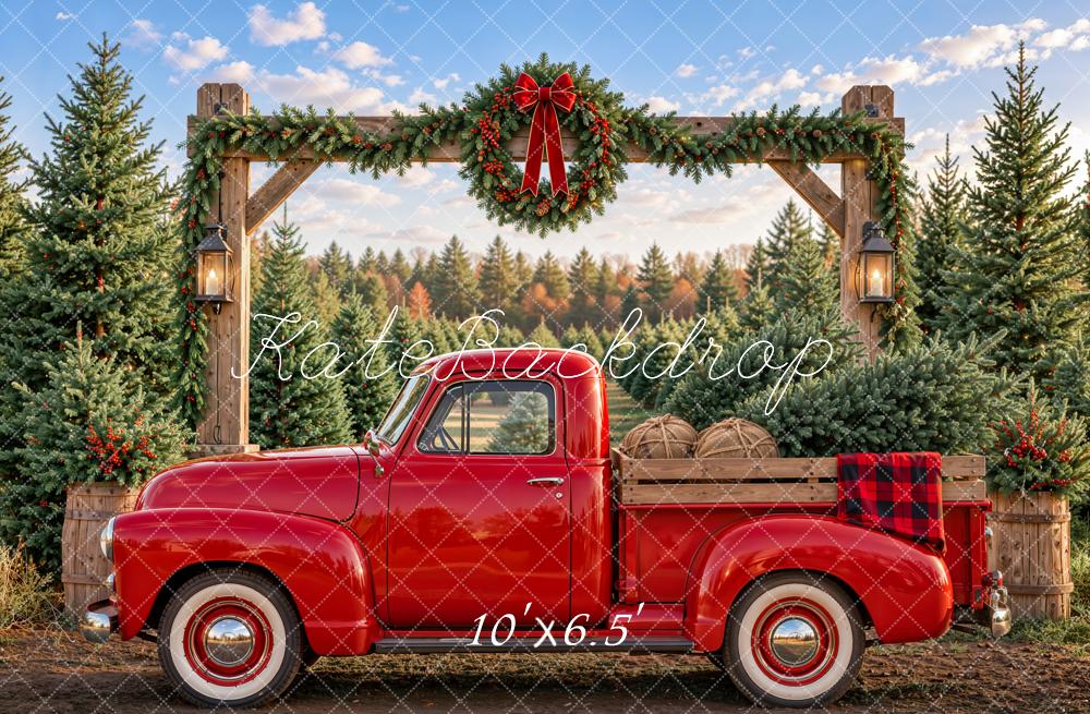 Kate Christmas Farm Red Truck Wreath Rustic Arch Printed Backdrop Designed by Emetselch