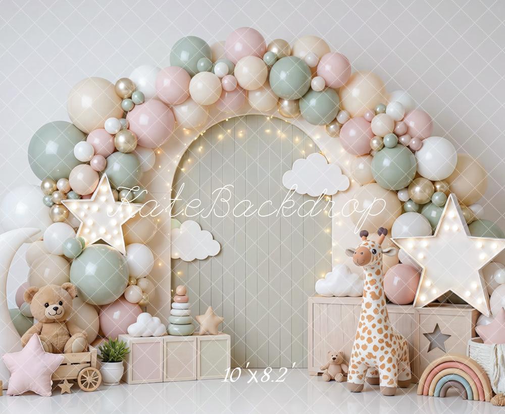 Kate Cake Smash Pastel Balloon Arch Stars Clouds Teddy Bear Giraffe Printed Backdrop Designed by Mini MakeBelieve